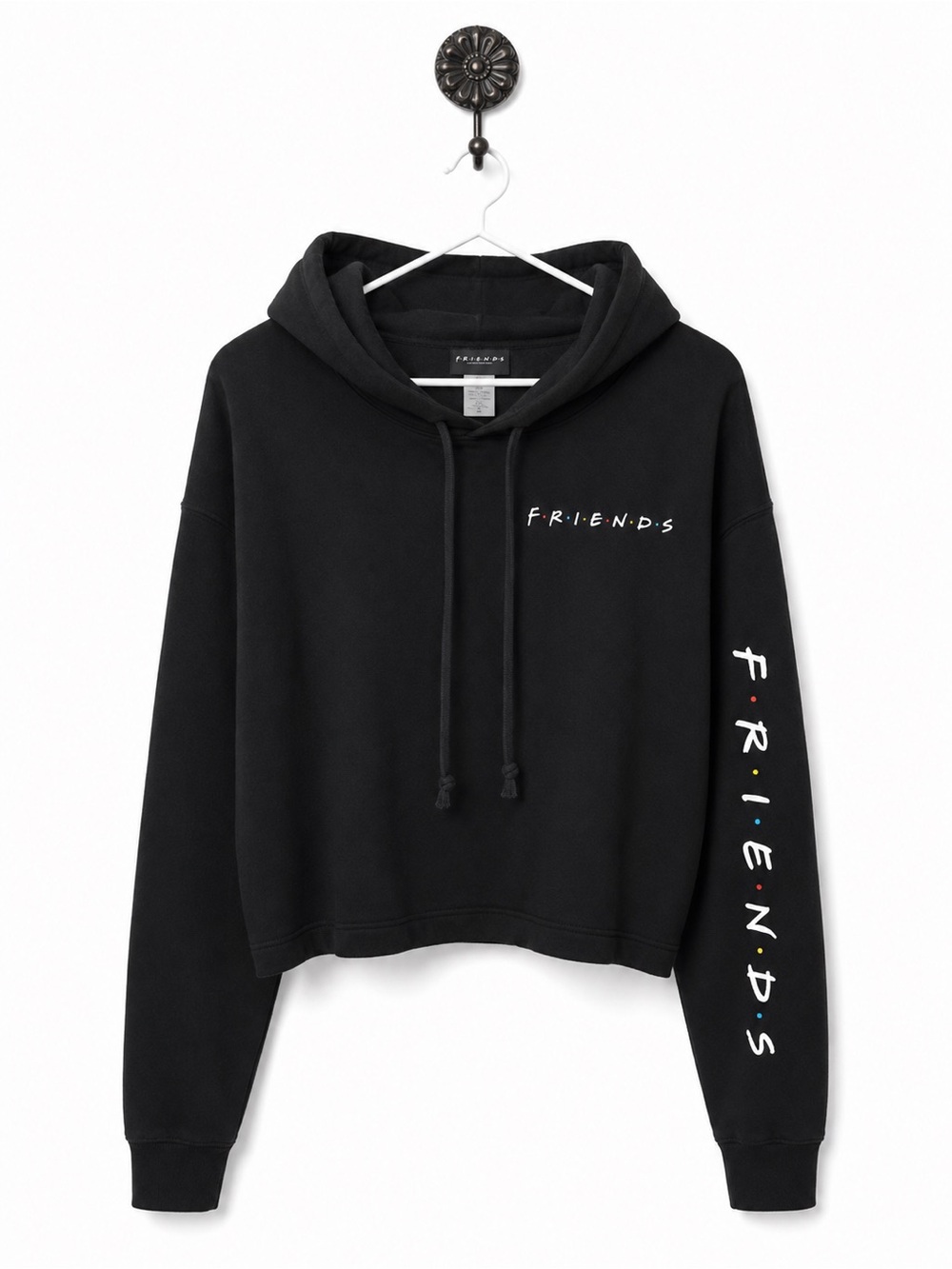 FRIENDS Black Logo Cropped Hoodie with Multicolor Dot Accent